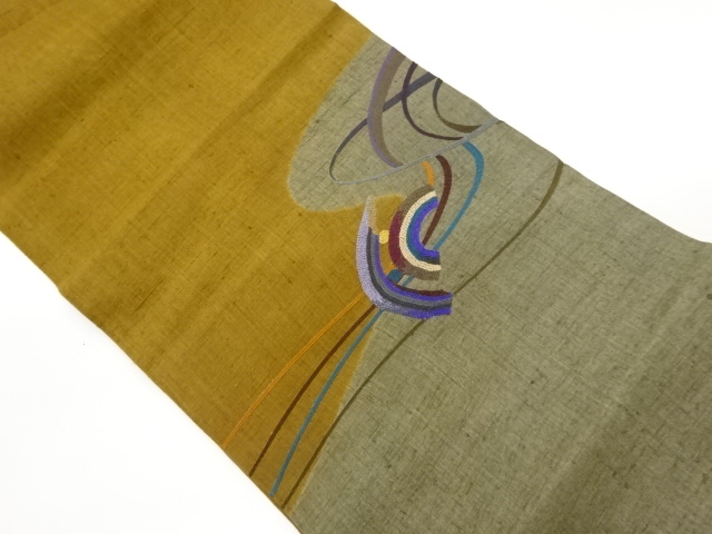 手織り紬相良刺繍曲線模様名古屋帯